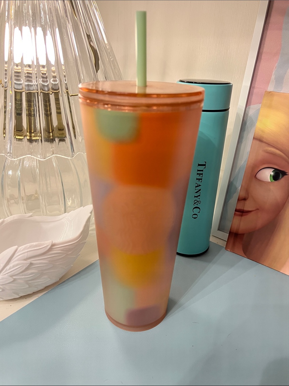 Starbucks Frosted Pastel Colorblock Tumbler with Orange Lid and Mint Straw